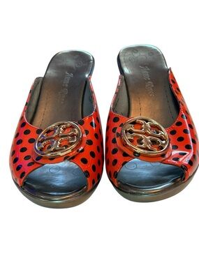 Anne Ross Red and Black Polka Dot Open-Toe Mules with Gold Logo